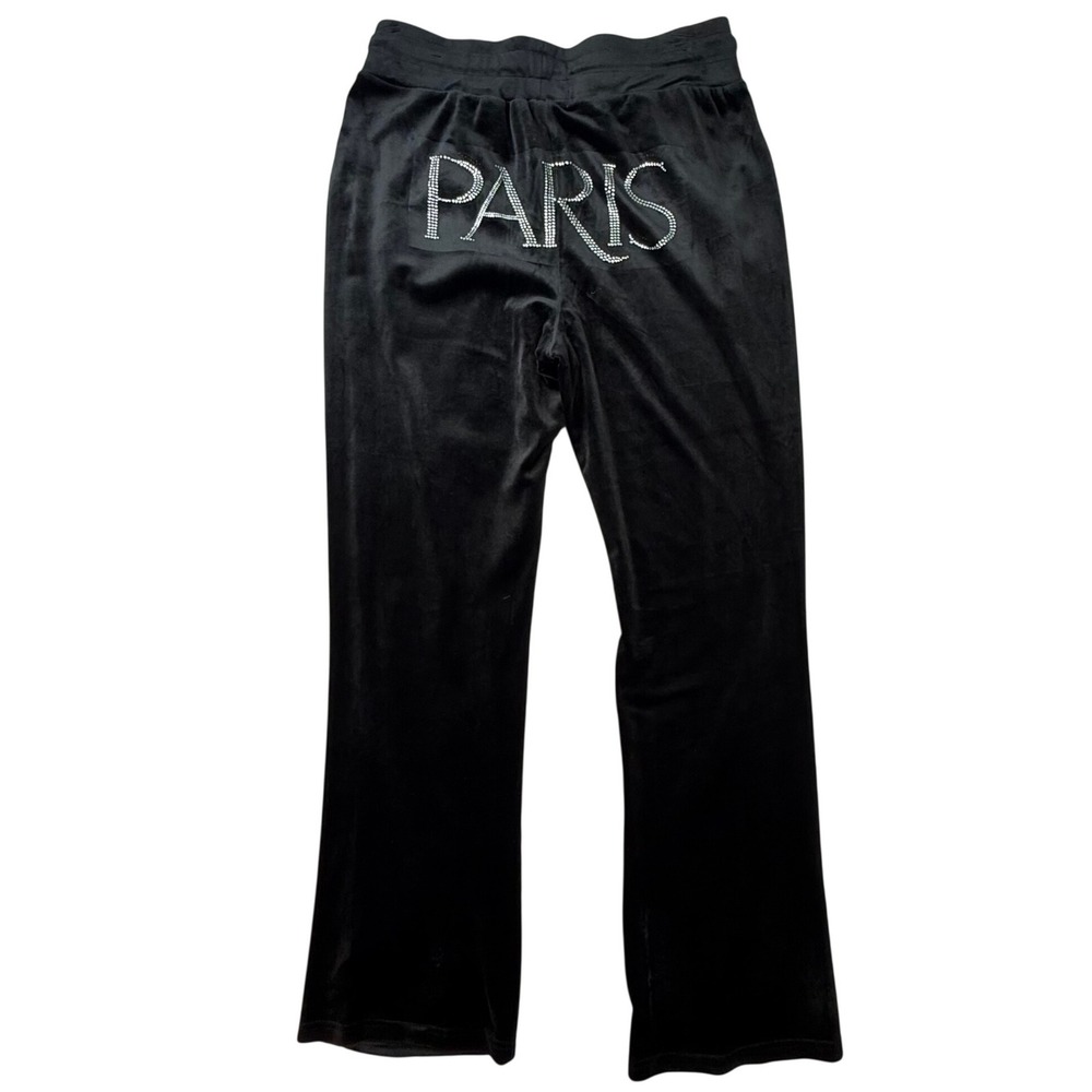 Paris Hilton Black Velour Rhinestone Track Pants Y2K‎ Flare Leg M glam McBling